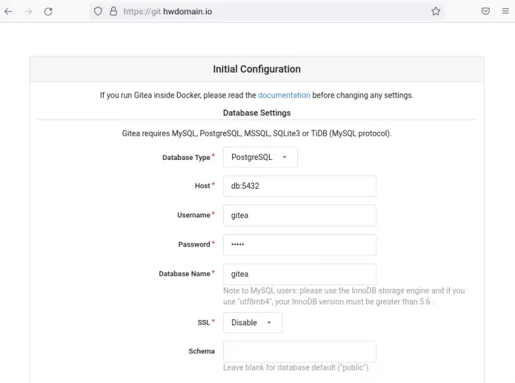 gitea initial configuration