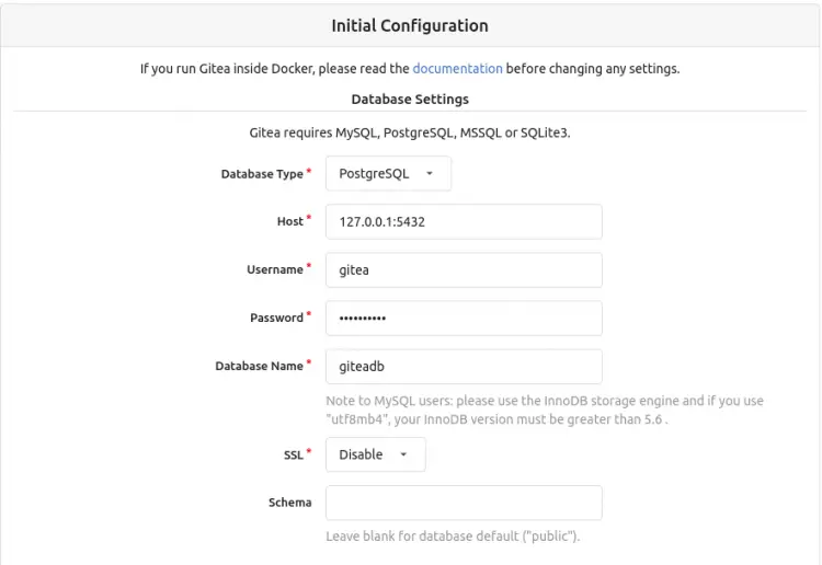 Gitea database configuration