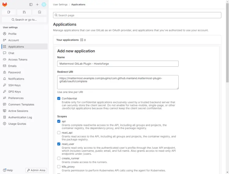 GitLab Application configuration for Mattermost plugin