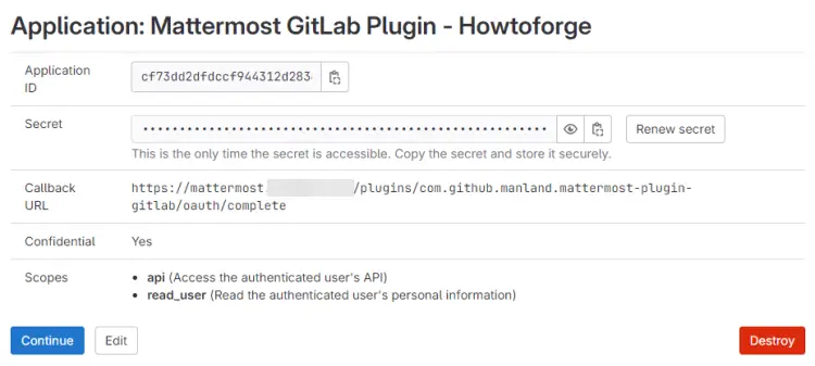 GitLab Application details for Mattermost plugin