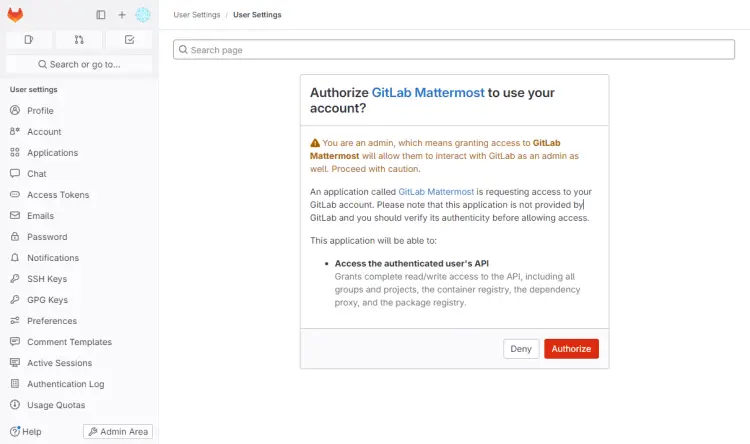 GitLab Mattermost Authorize Page