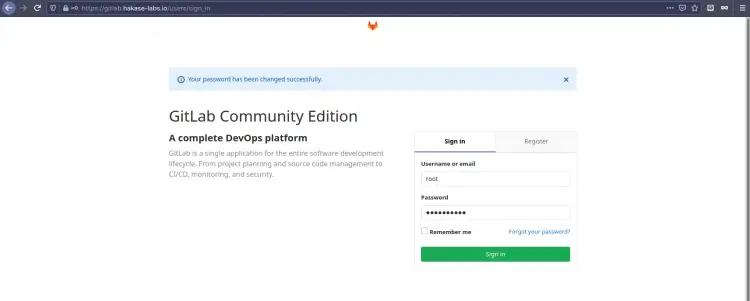 Gitlab Login page as default root user