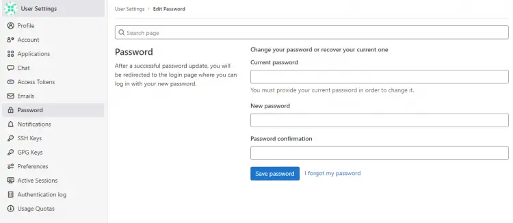 Gitlab Password Change Screen