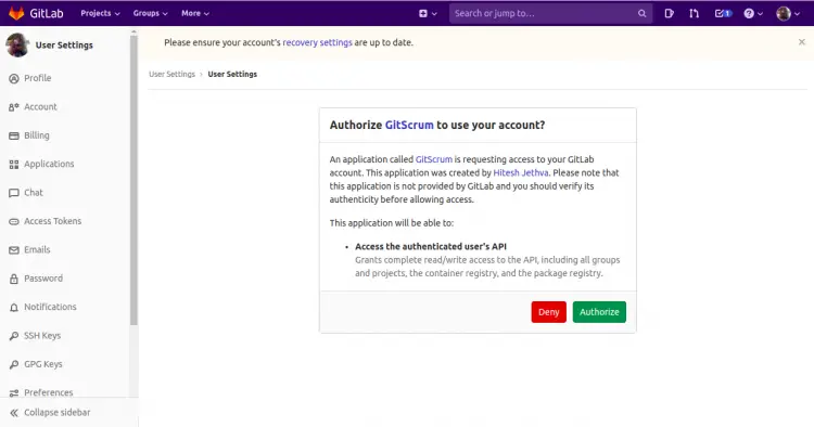 Grant GitScrum access to Gitlab account