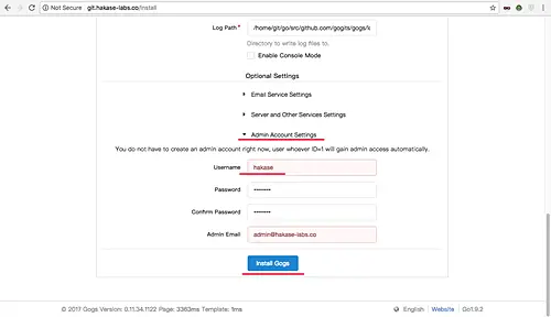 Type in the gogs install settings