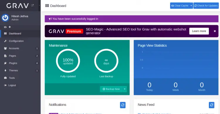 Grav CMS dashboard