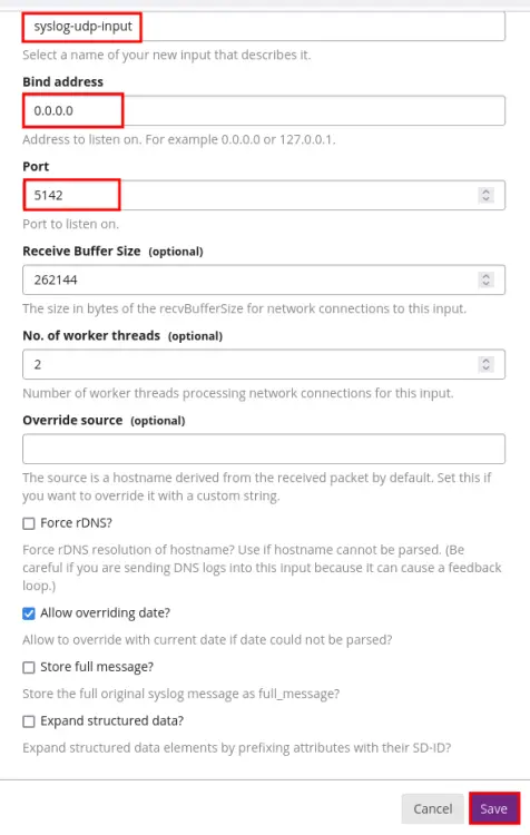 syslog udp input configurations