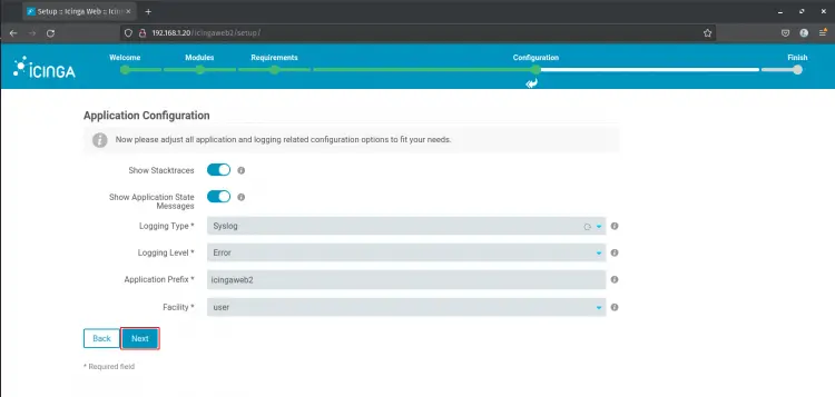 icinga web 2 app configuration and logging