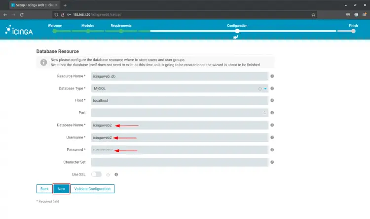 icinga web 2 database configuration