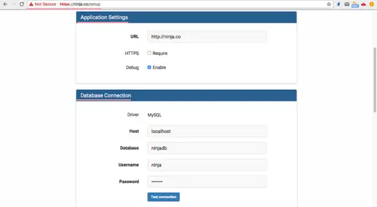 Database Settings and Application Settings Invoice Ninja