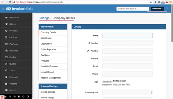 Invoice Ninja Settings