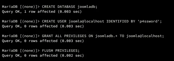 create database and user