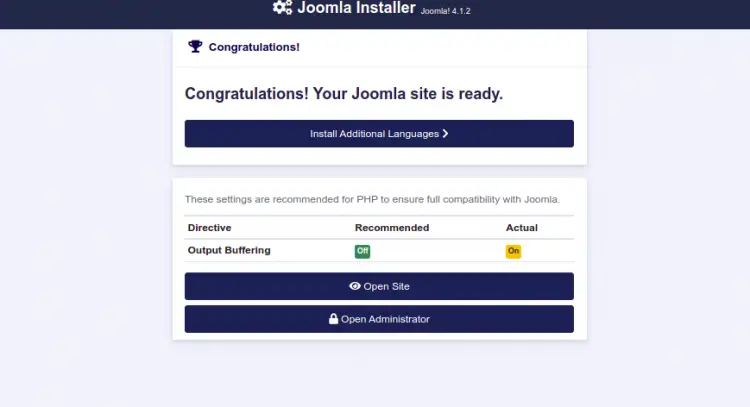 Joomla installation finished successfully