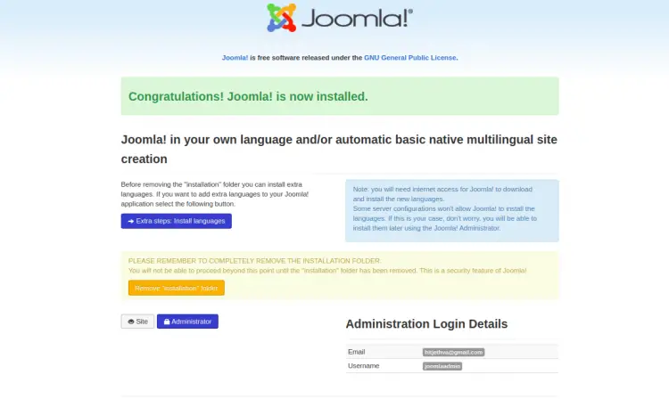 Joomla installed successfully