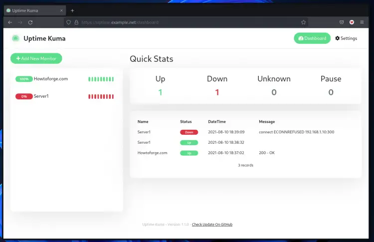 Uptime-kuma dashboard monitoring