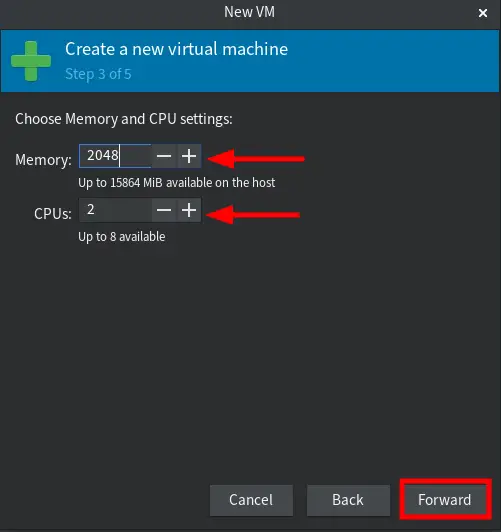 memory and CPU configuration for virtual machine