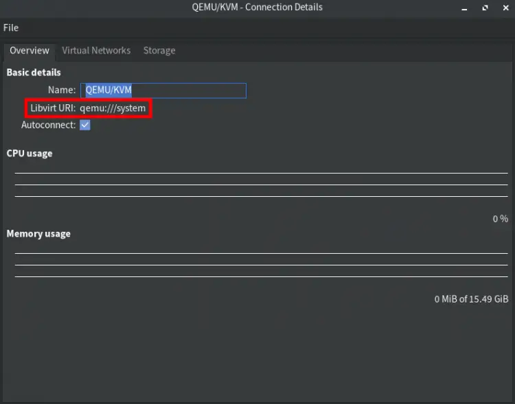 virt-manager will automatically connecto to the QEMU/KVM within the system