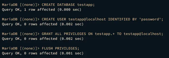 create database and user