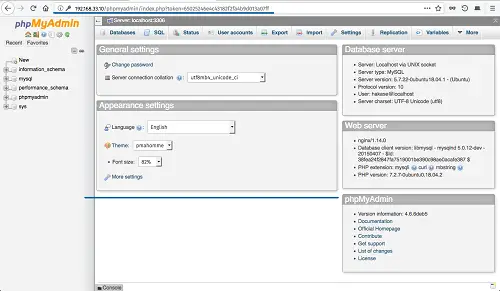 PHPMyAdmin dashboard