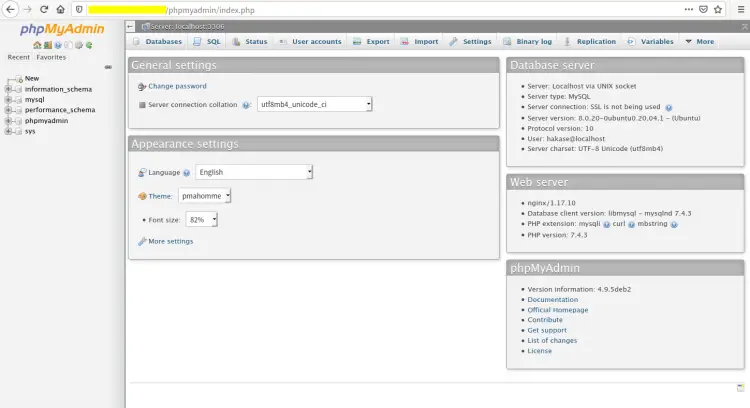 phpMyAdmin Dashboard