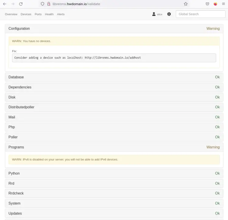 validate instakllation librenms