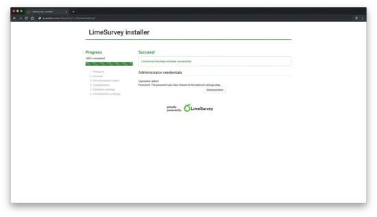 LimeSurvey installed successfully