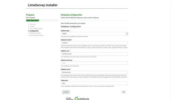 Database configuration