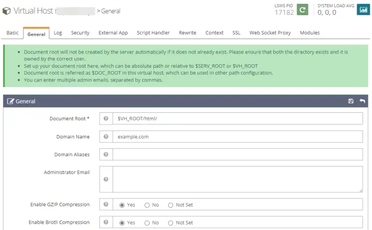 OpenLiteSpeed Virtual Host General Section