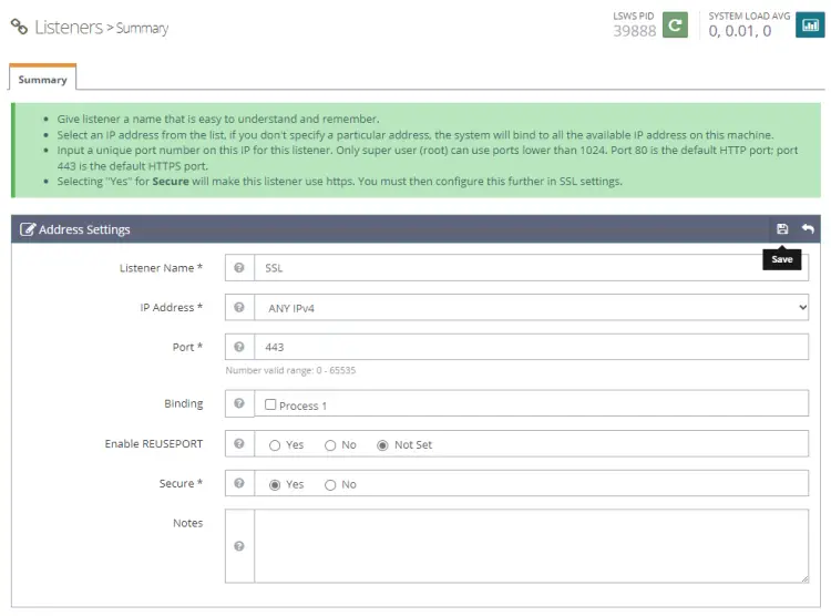OpenLiteSpeed SSL Listener