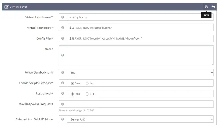 OpenLiteSpeed Virtual Host Settings