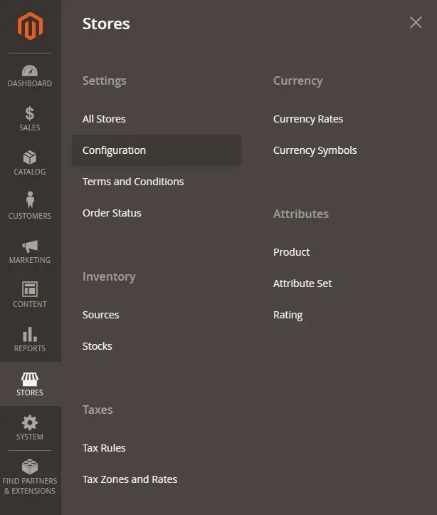 Magento Stores >> Config Menu
