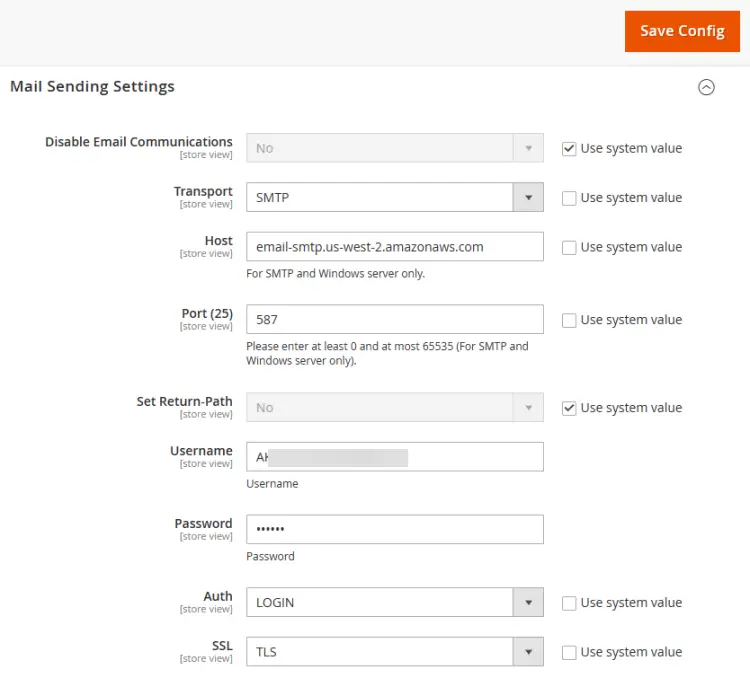 Magento Amazon SES Mail Settings