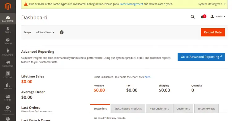 Magento dashboard