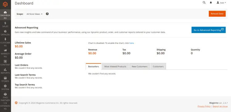 magento dashboard