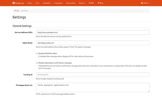 Mailtrain settings