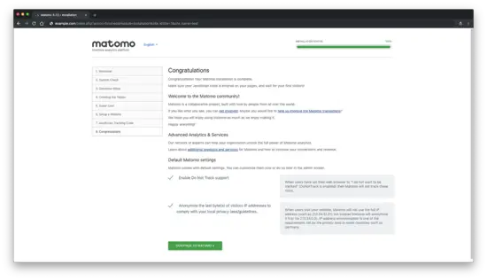 Matomo installation completed