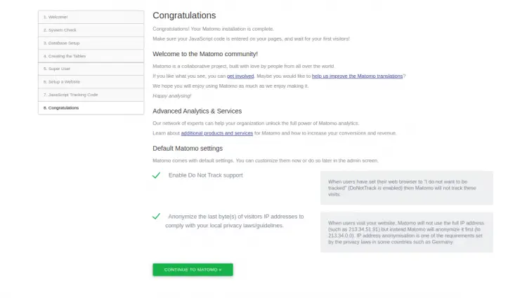 Matomo successfully installed