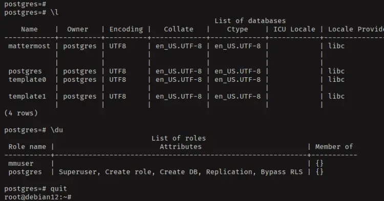 listing database and user