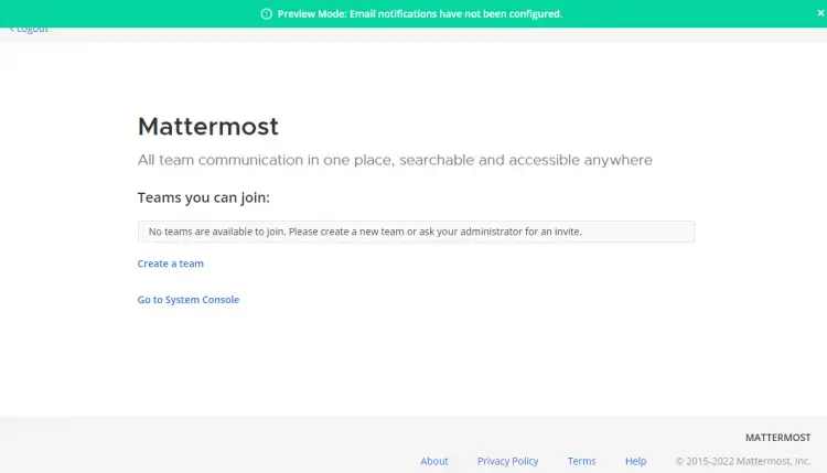 Mattermost Team Creation Page