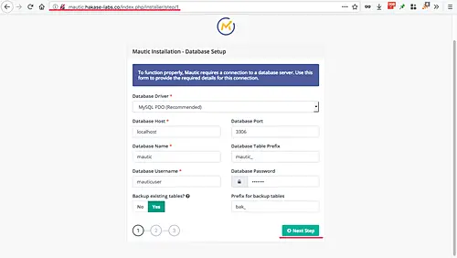 Set the database details for Mautic