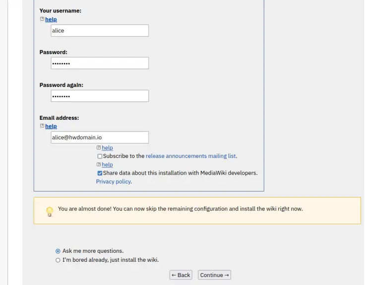 setup wiki name and user