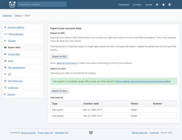 Monica Export Data page