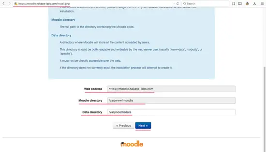 Moodle Installation: Configure Moodle web root directory, moodle data and moodle URL