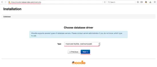 Moodle Installation: Configure database driver for moodle