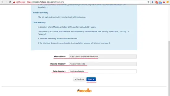 Configure Moodle url, web root and moodle data directory