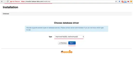 Select database driver for Moodle