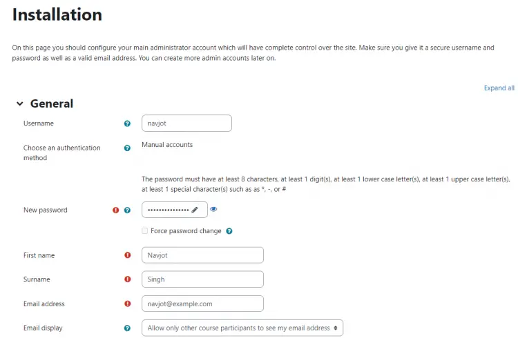 Moodle Administrator Account Setup