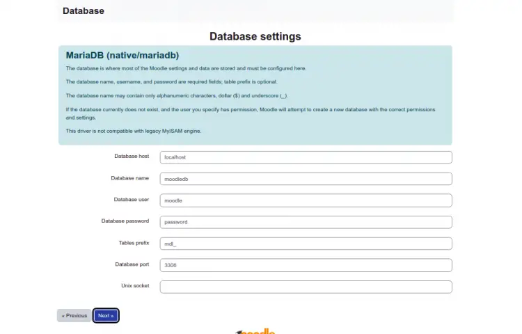 Database settings