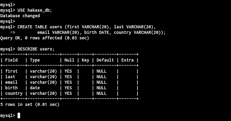 Switch between databases and create table