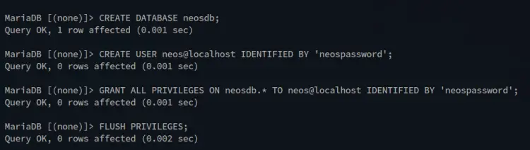 create database and user